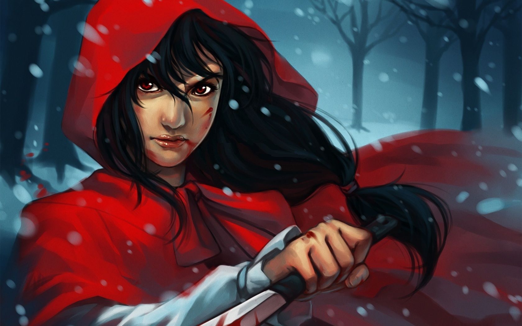 Red Riding Hood, knife, blood, forest, Winter wallpaper