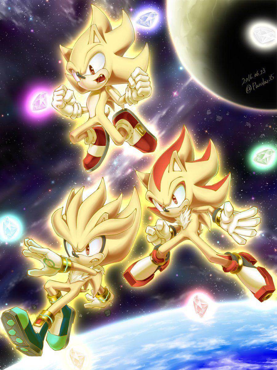 Sonic, shadow, and silver in their super forms. Sonic and shadow
