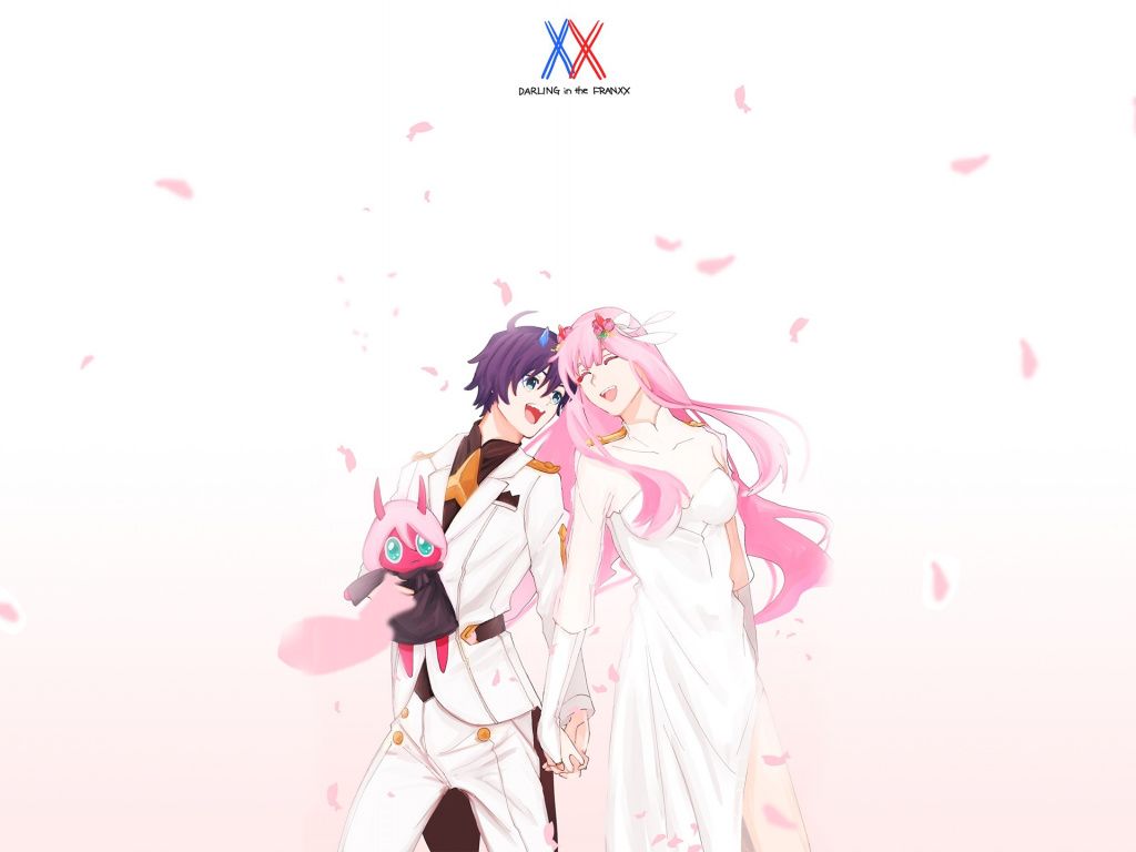 Couple, happy, Hiro and Zero Two, anime, art wallpaper, 2560x1440