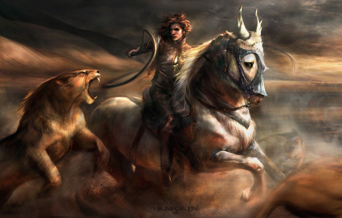 Wallpaper cat, girl, movement, horse, dust, Leo, art, battle, whip