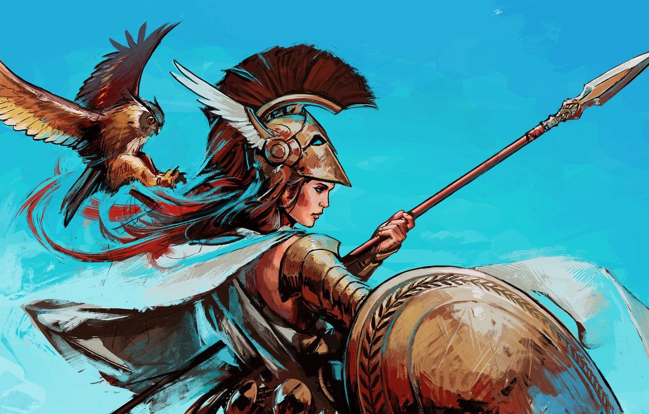 Wallpaper bird, God, helmet, spear, shield, goddess, Athena, greek