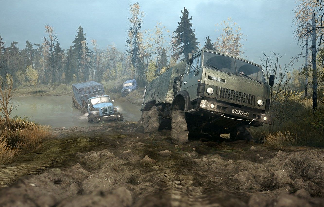 Wallpaper swamp, dirt, taiga, UAZ, KAMAZ, URAL, Spintires