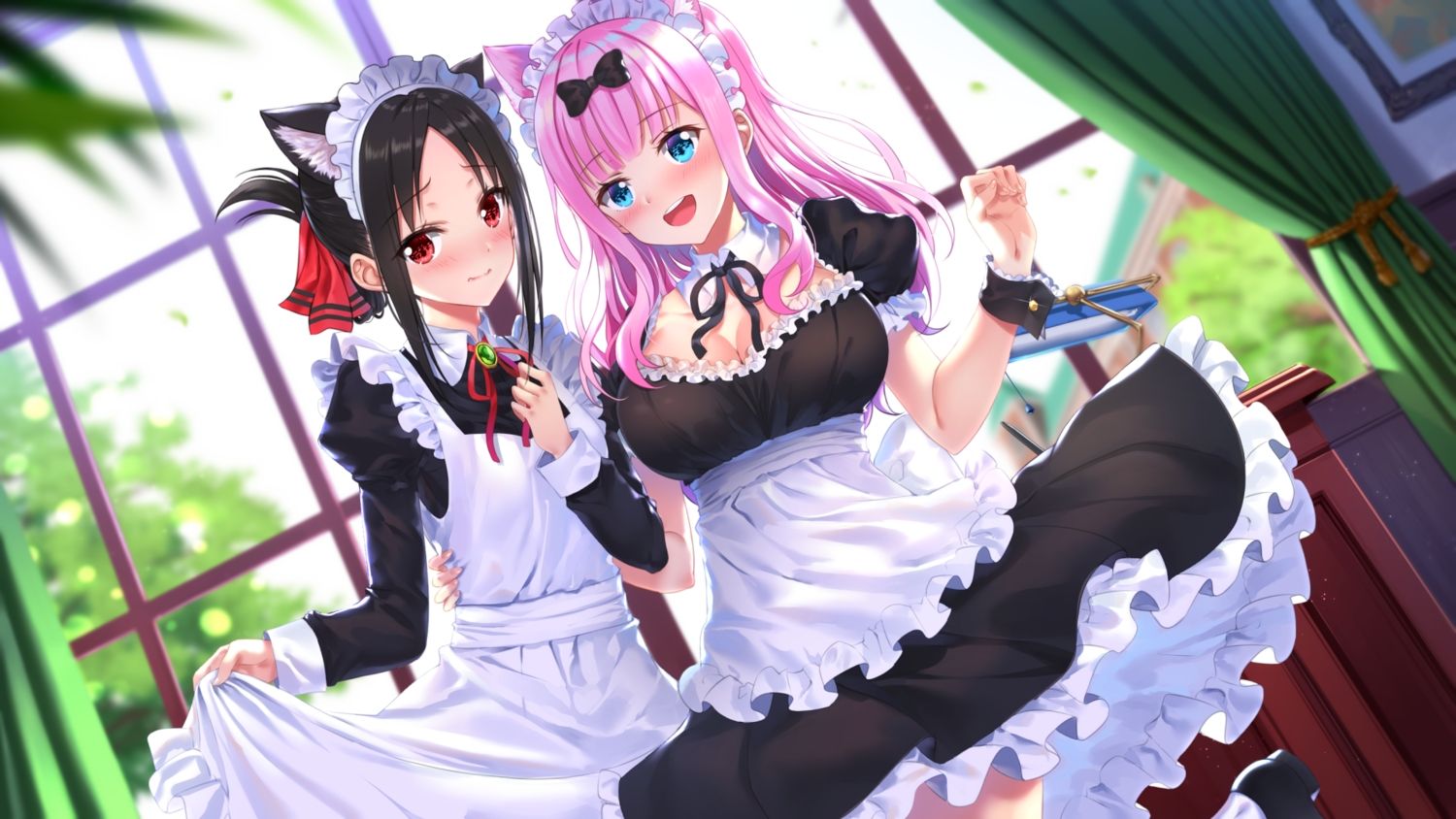 2girls animal ears apron aqua eyes black hair blush breasts