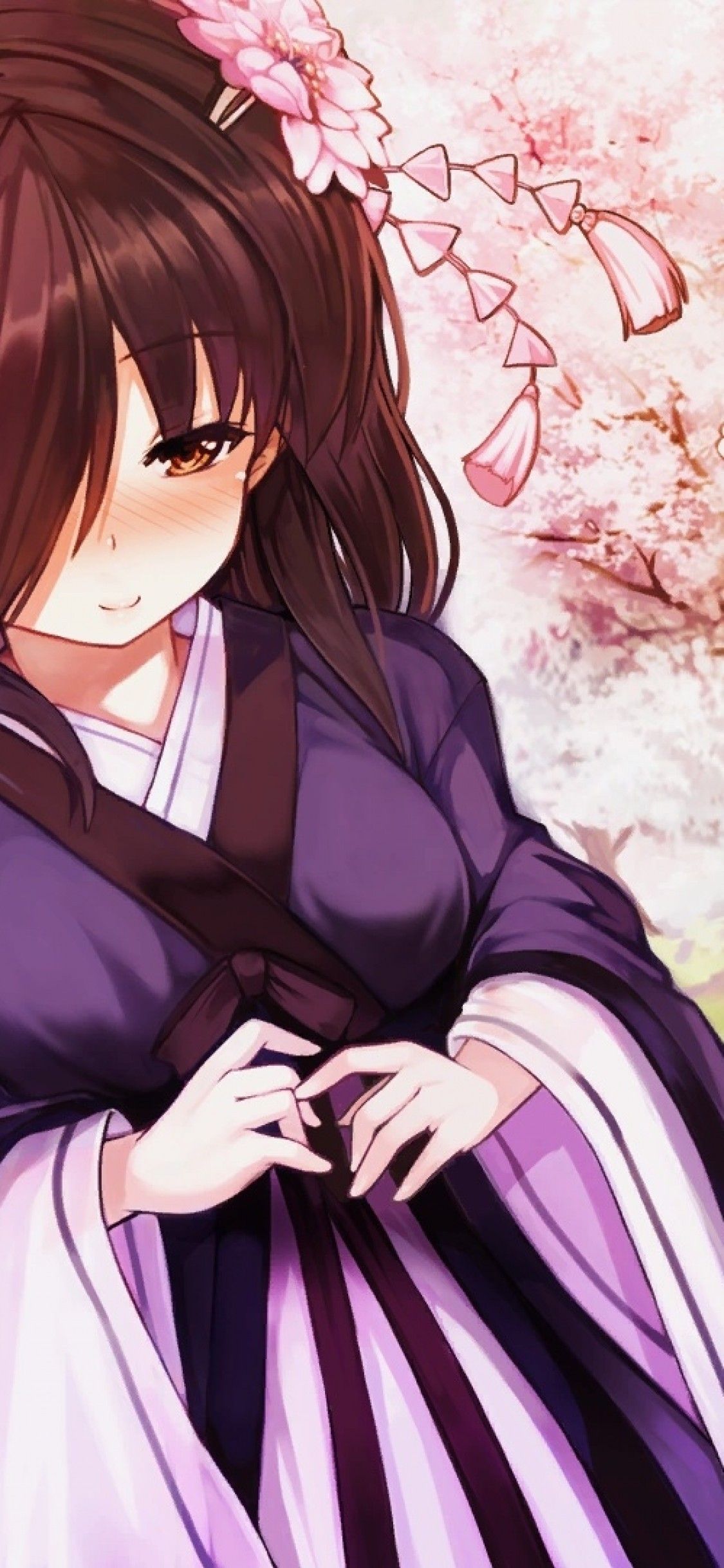 Download 1125x2436 Anime Girl, Brown Hair, Kimono, Sakura Blossom