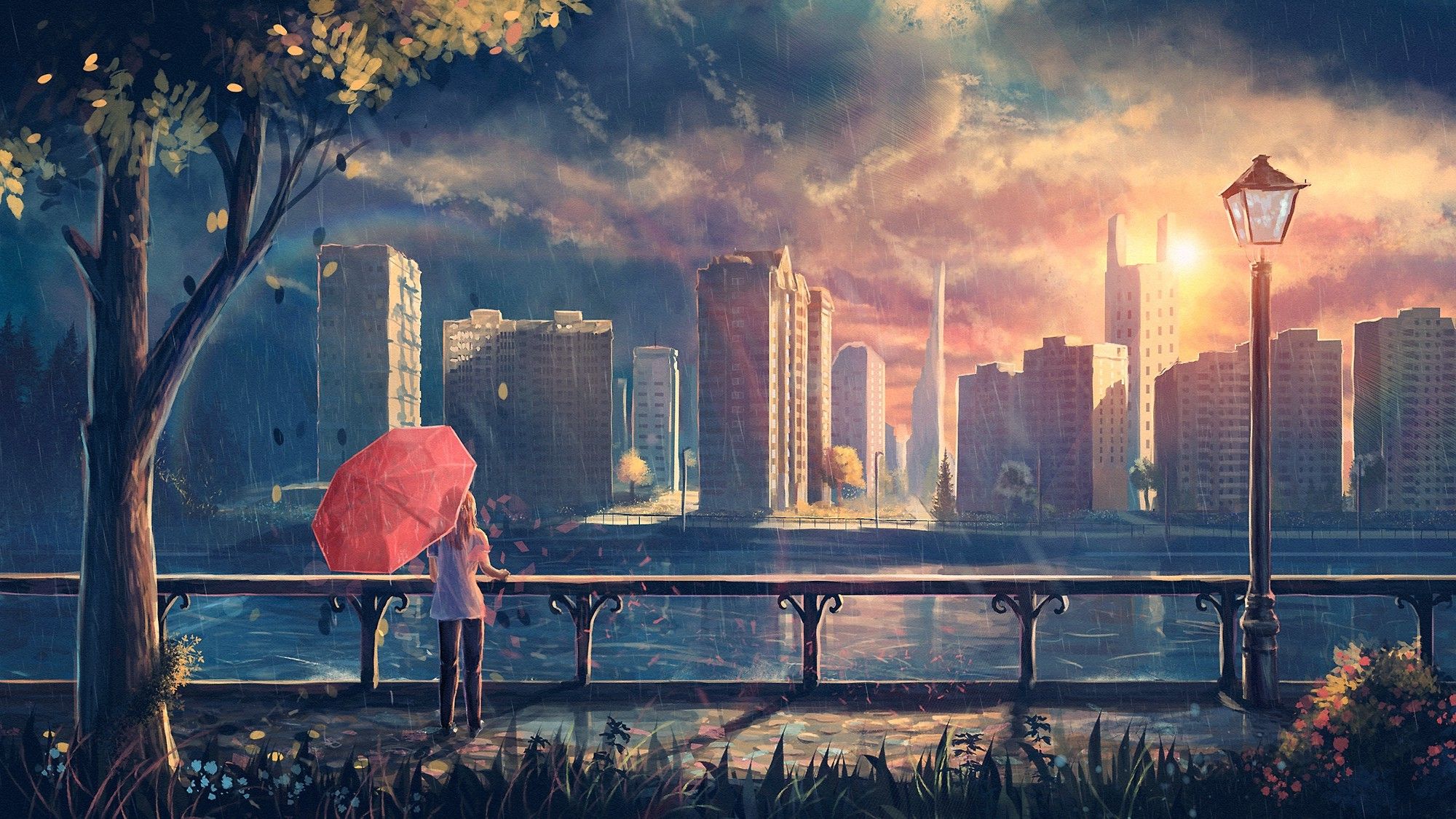 Anime girl with pink umbrella on rainy street 4K wallpaper download