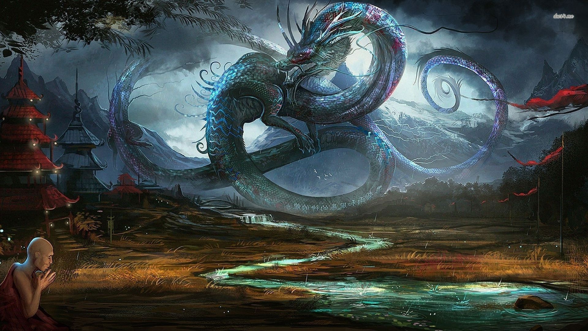 Dragon in ancient Chinese village HD wallpaper. Fantasy art, Art
