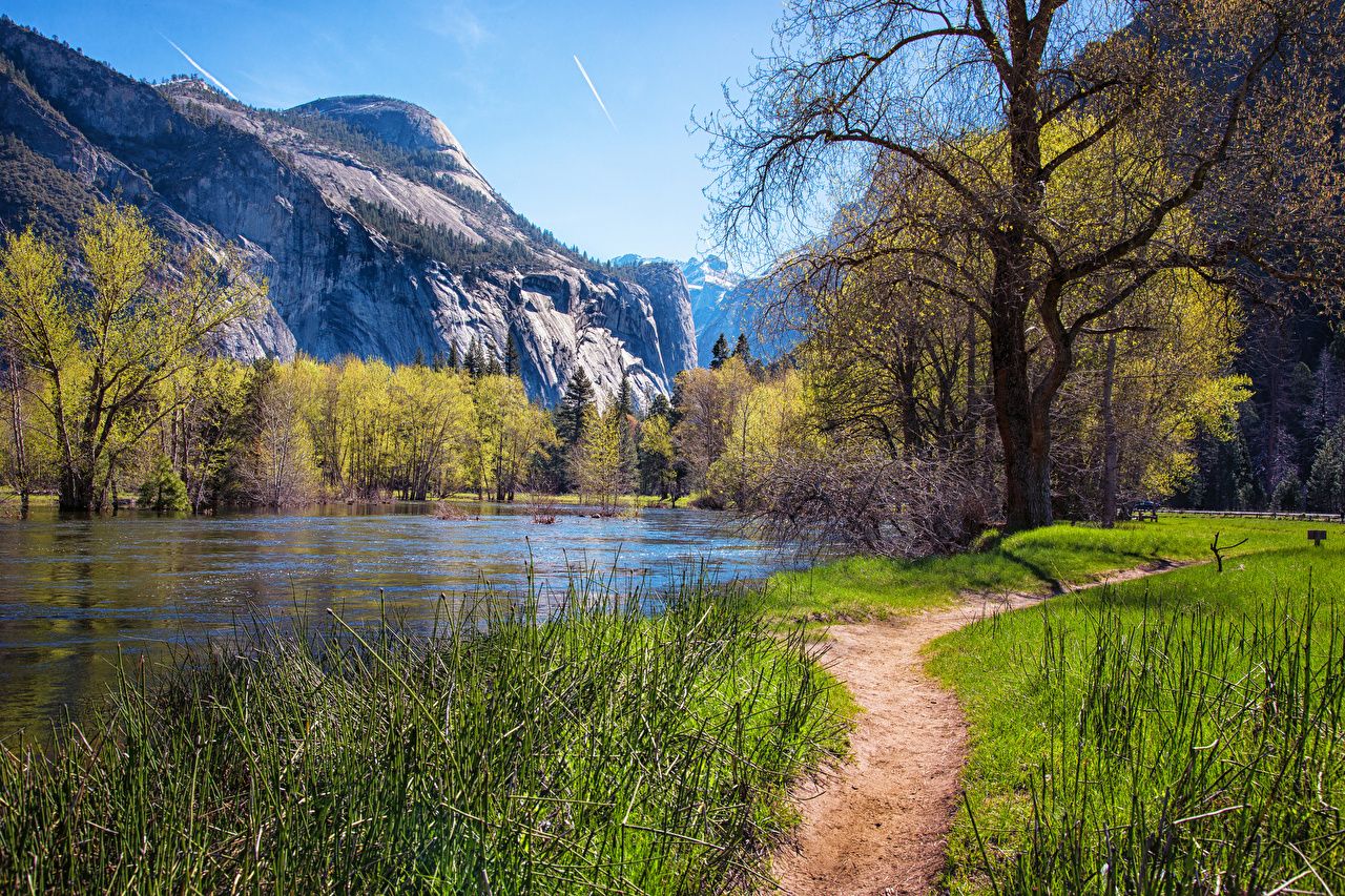 Desktop Wallpaper Yosemite USA path Nature Spring Mountains Lake