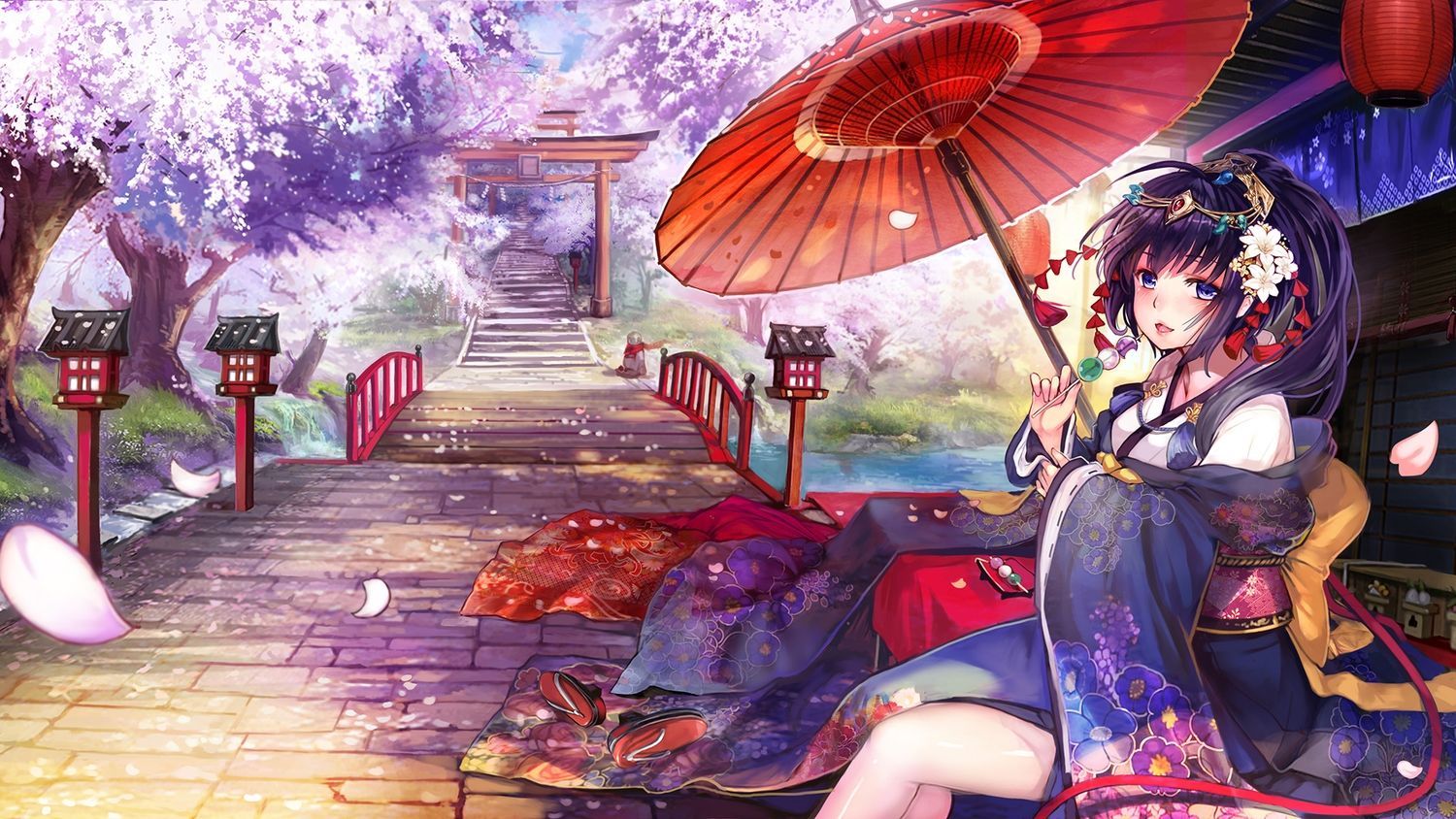 #anime girls, #kimono, #umbrella, #bridge wallpaper