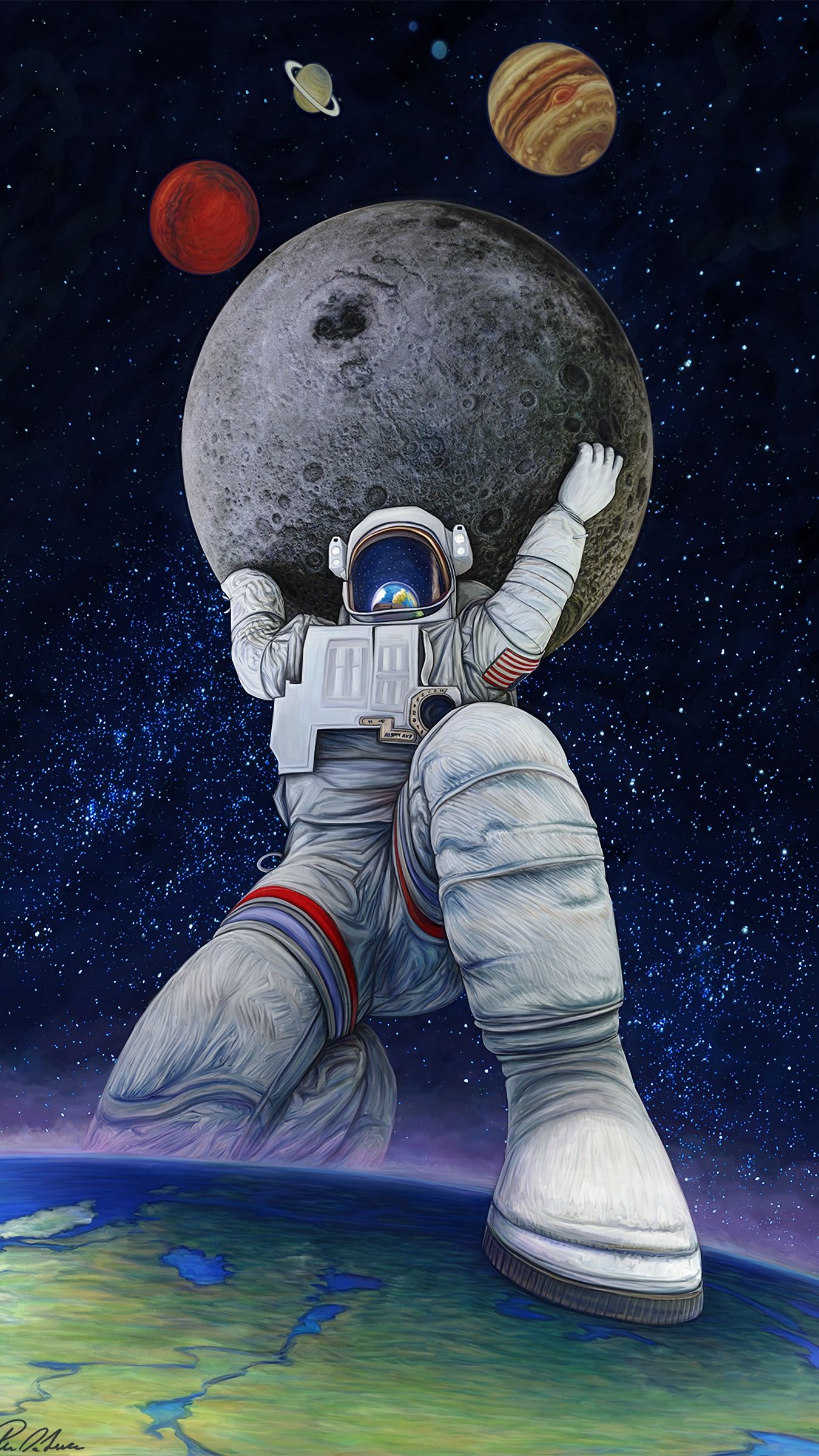 Download wallpaper 1350x2400 astronaut, giant, art, planets, space
