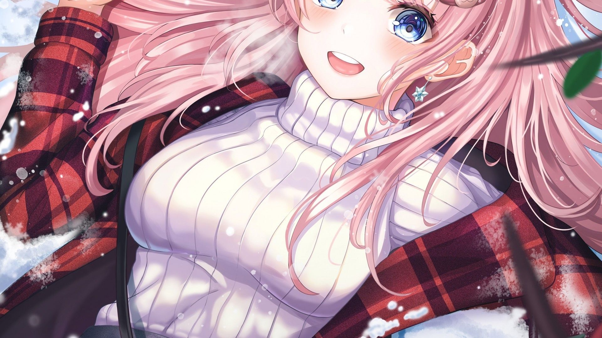 Download 1920x1080 Anime Girl, Pink Hair, Sweater, Smiling, Blue