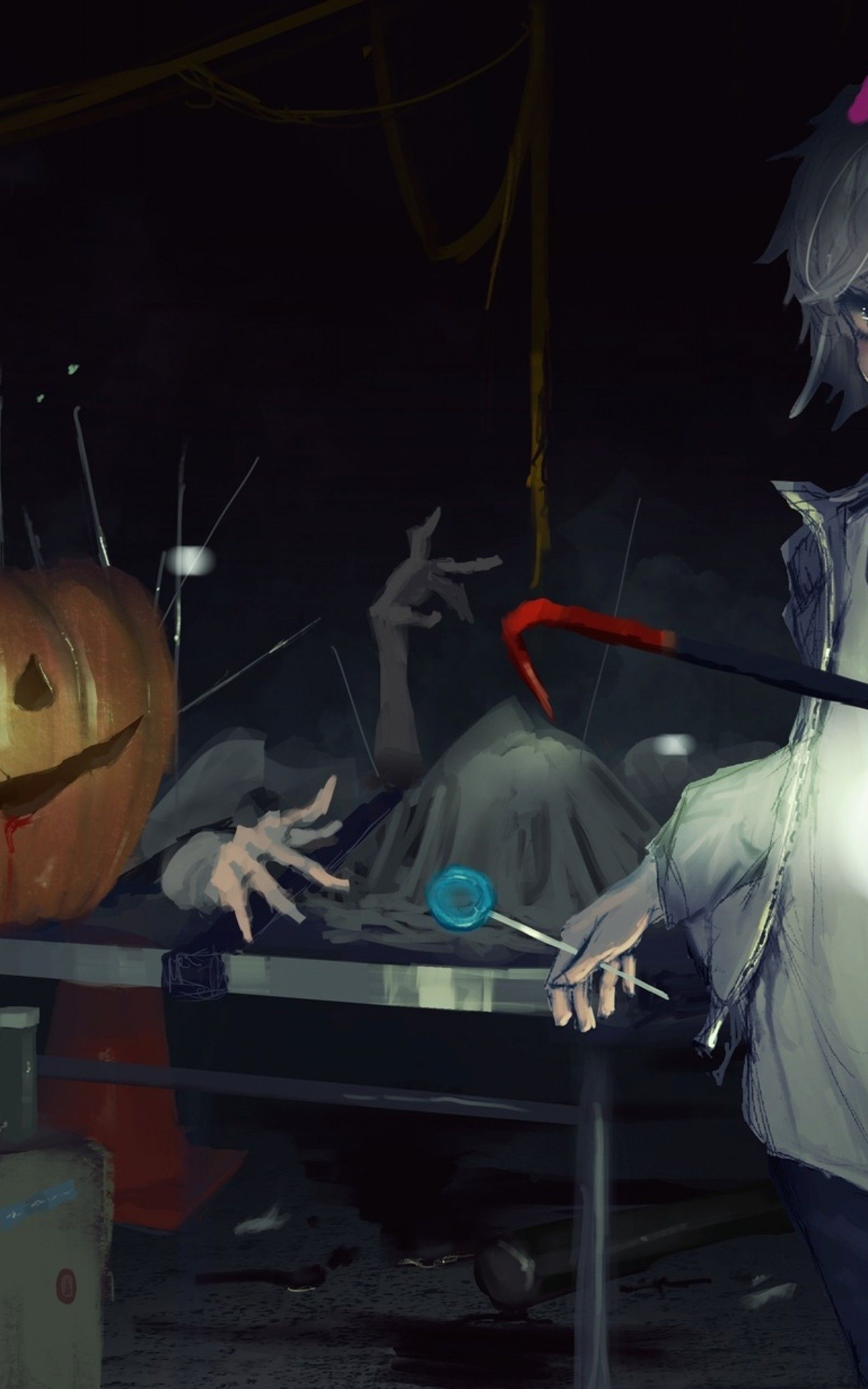 Download 1600x2560 Anime Boy, Halloween Pumpkin, Scary