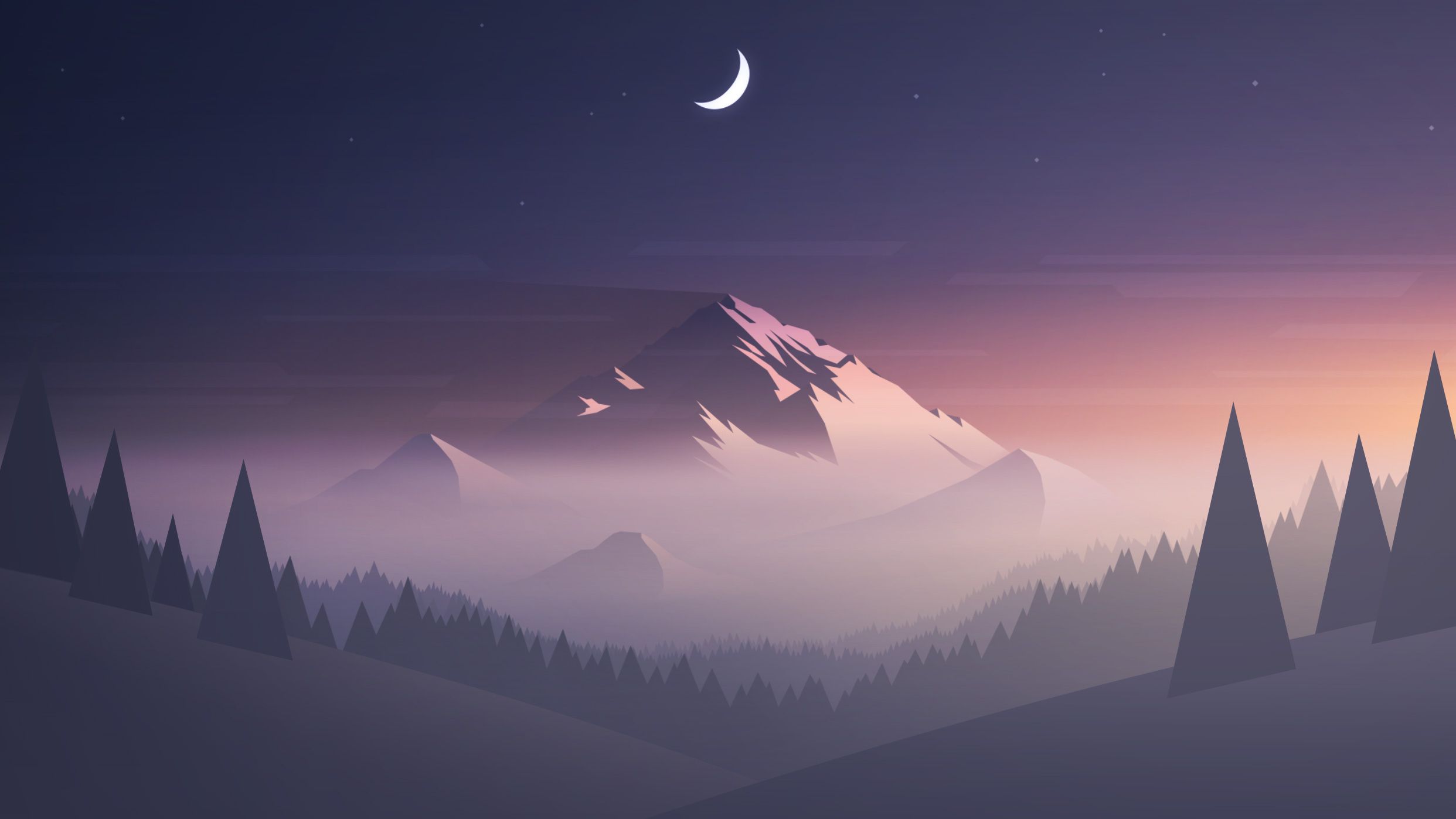 Mountains Moon Trees Minimalism, HD Artist, 4k Wallpaper, Image