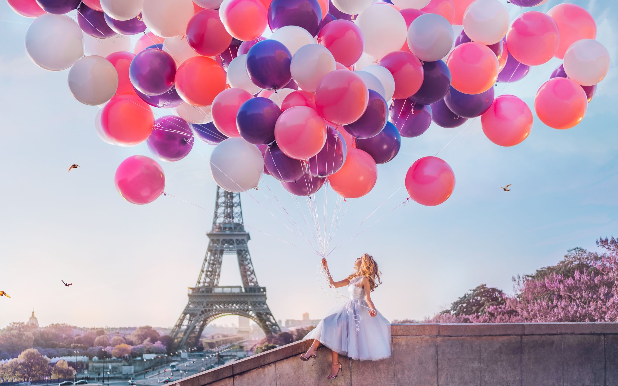 Wallpaper of Balloon, Blonde, Dress, Eiffel Tower, France, Girl
