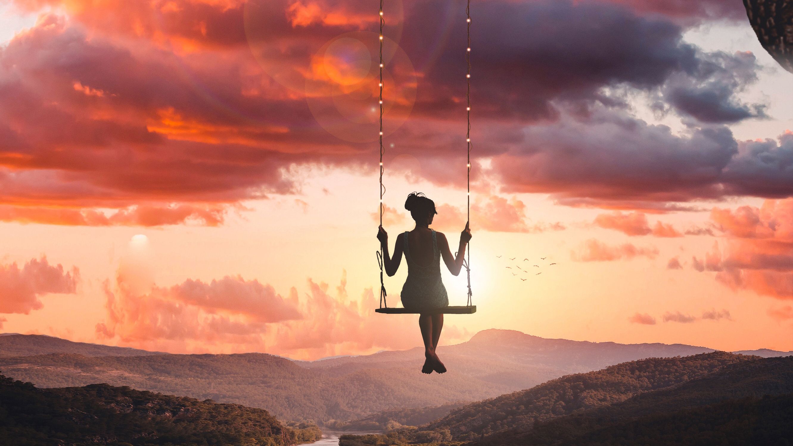 Girl Swinging On Top Of World On Swing Wallpaper HD