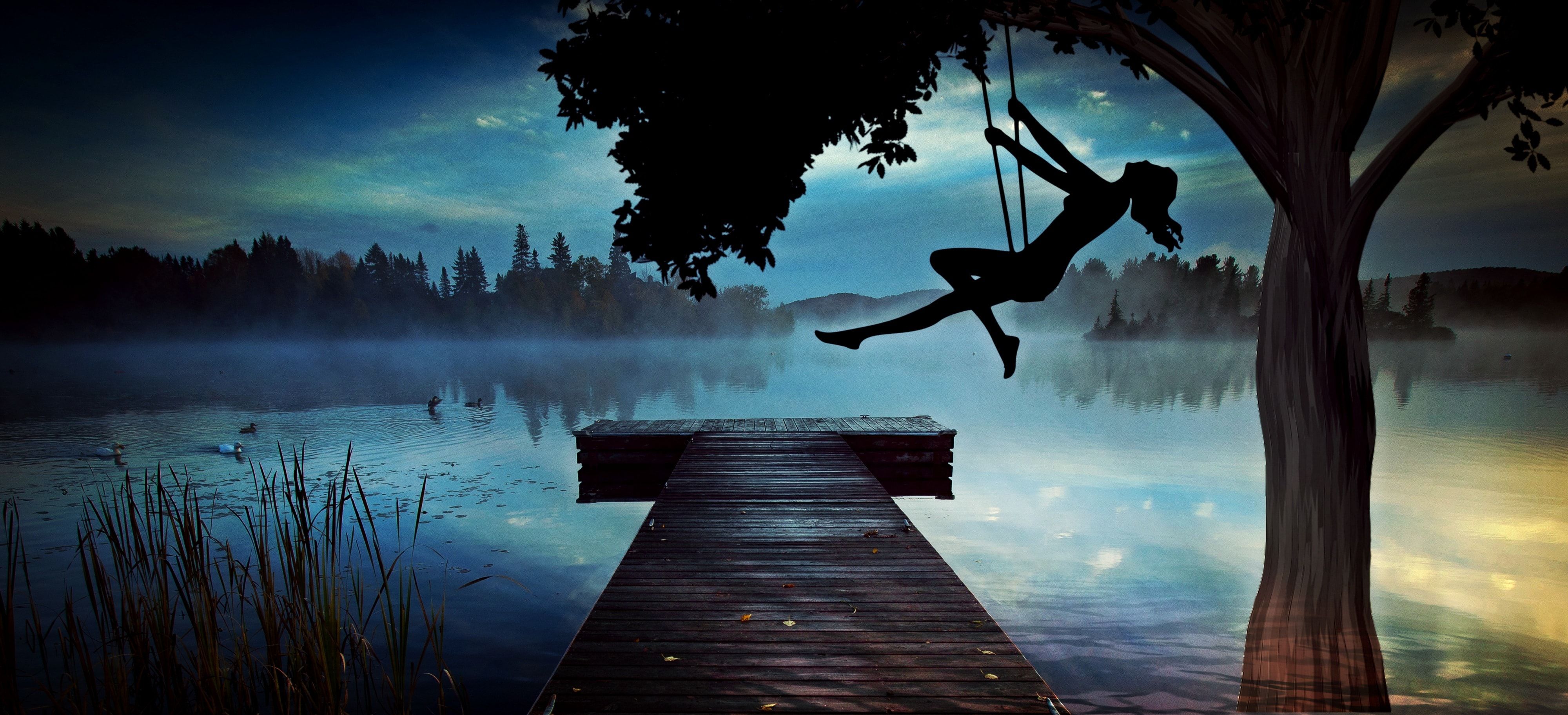 Girl Woman Swing Lake Web Wallpaper and Free