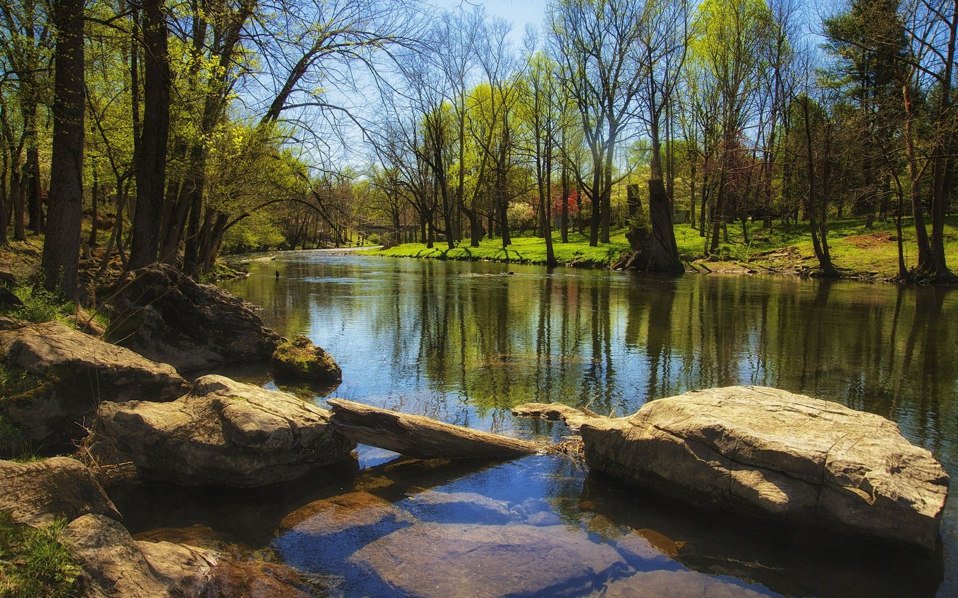 Wallpaper Spring, river, trees, rocks, grass 1920x1200 HD Picture
