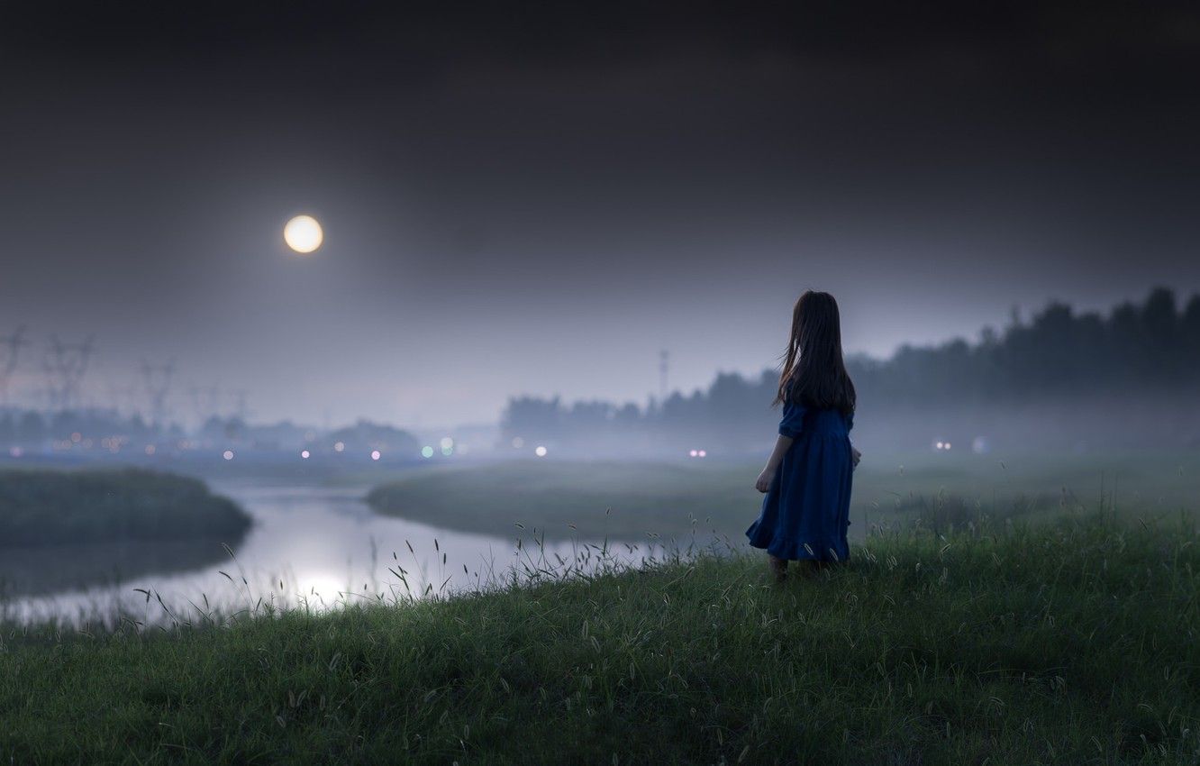 Wallpaper night, river, mood, the moon, girl image for desktop, section настроения