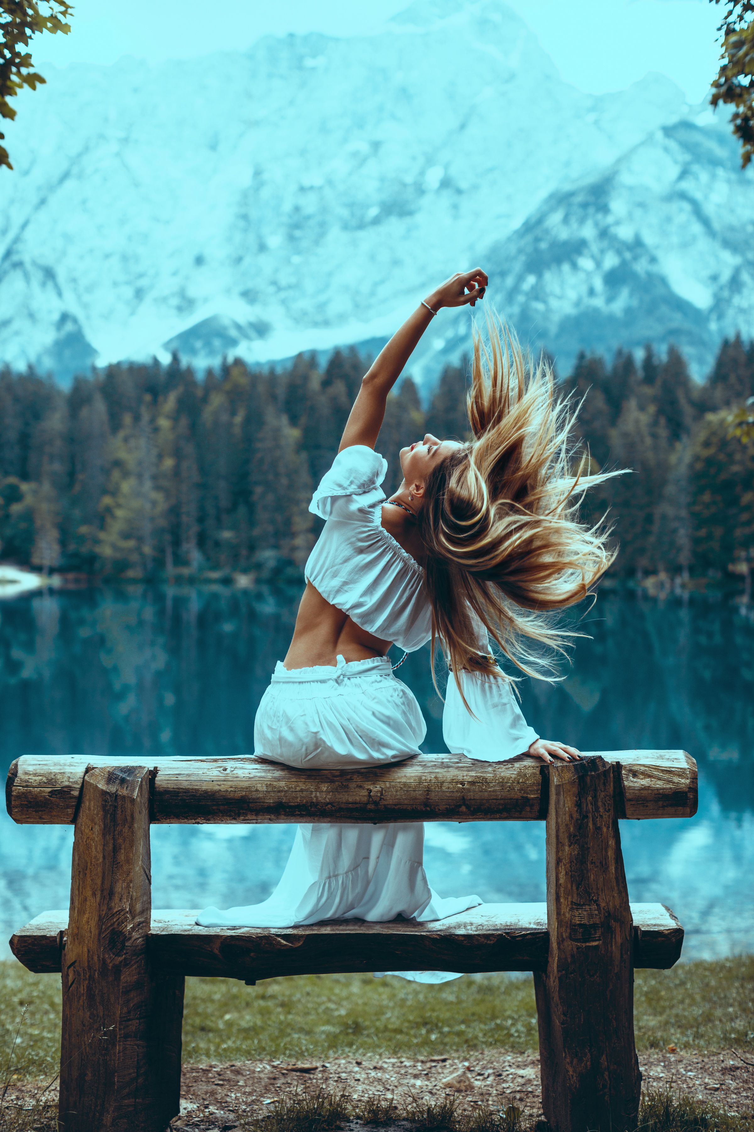 Desktop Wallpaper Blonde girl Hair Girls sit Bench Hands 2400x3600