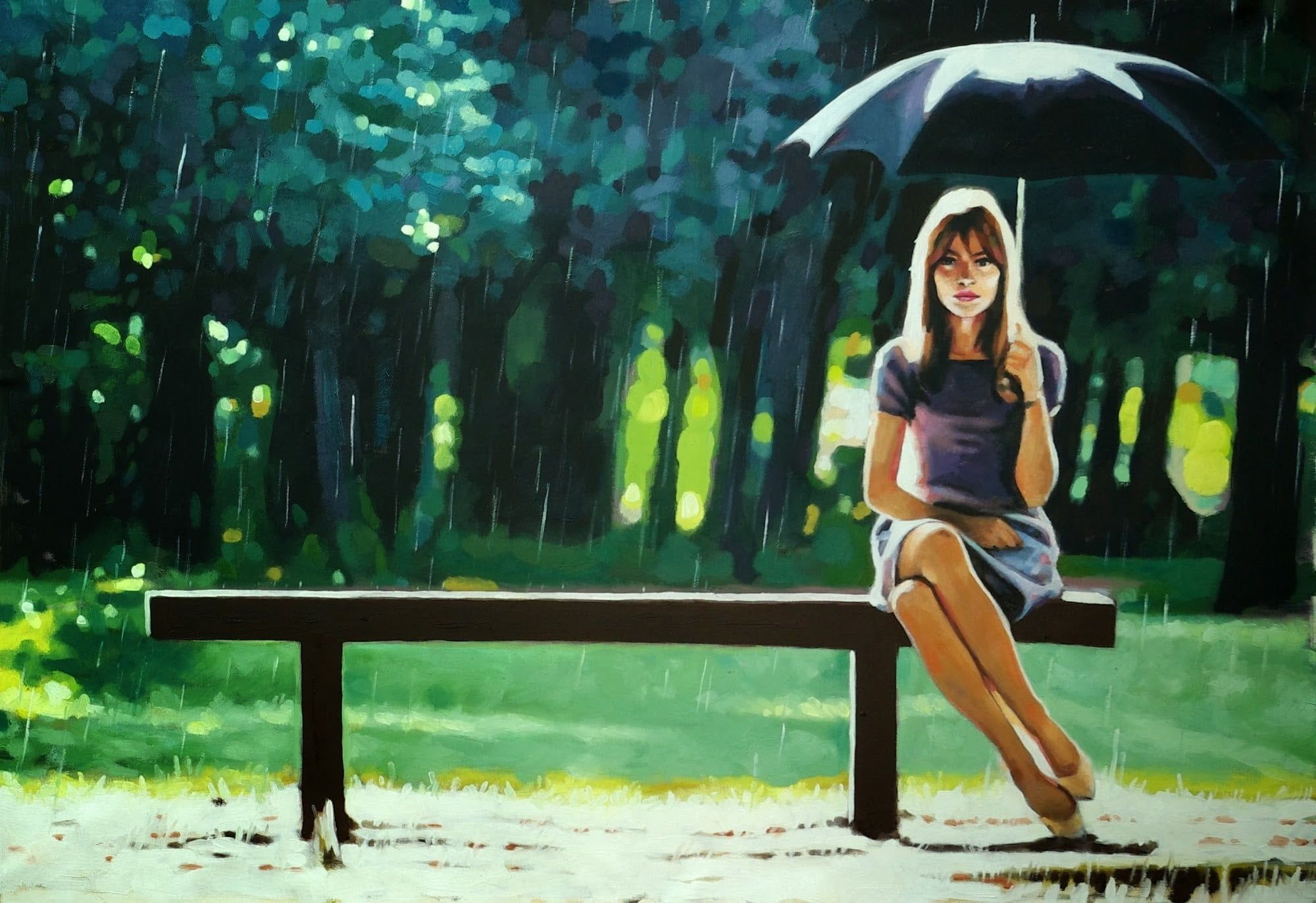 Woman sitting on bench with umbrella painting HD wallpaper