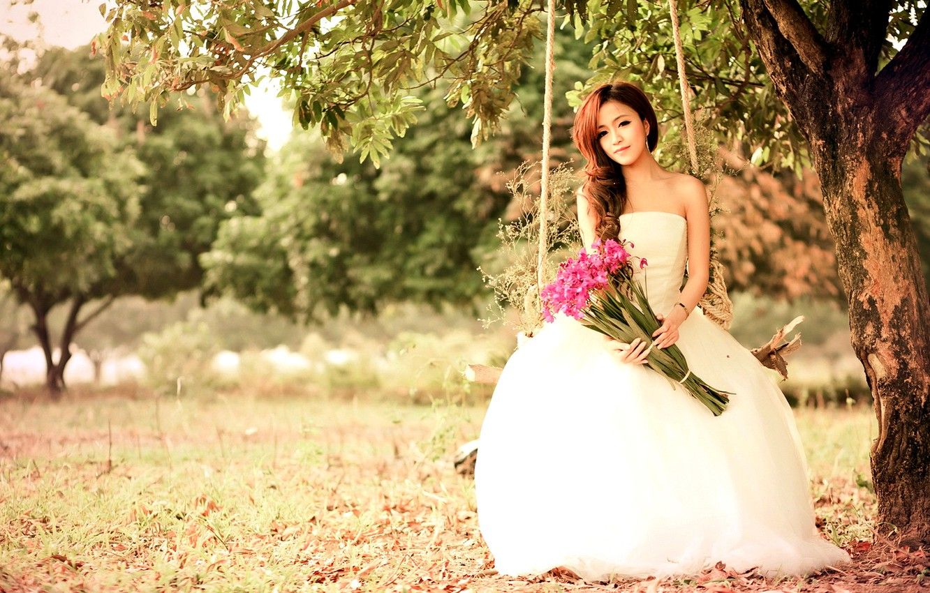 Wallpaper look, flowers, nature, swing, Girl, dress, Asian image