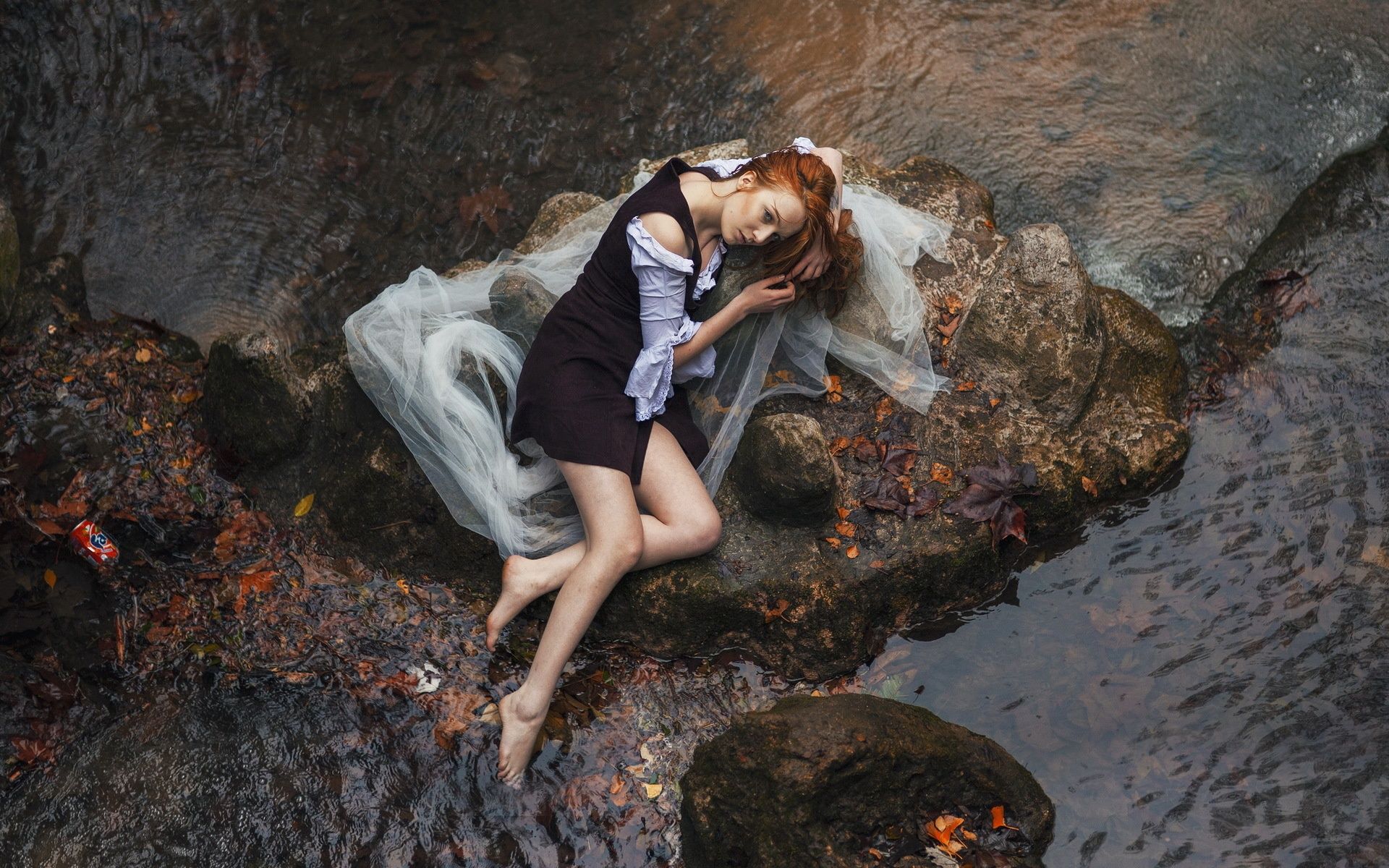 Wallpaper Girl lying river side stones 1920x1200 HD Picture, Image