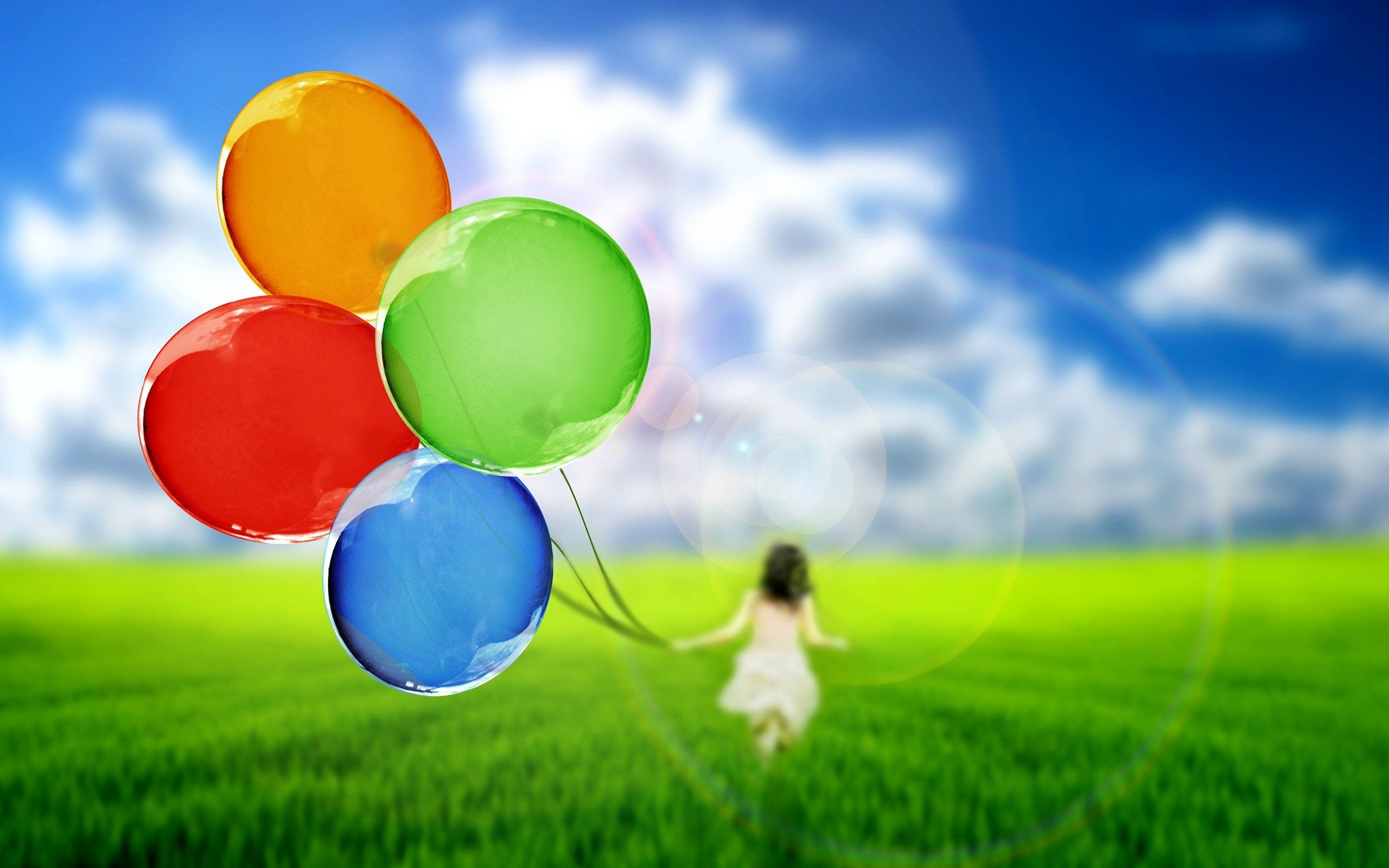 Running girl with colorful balloons wallpaper