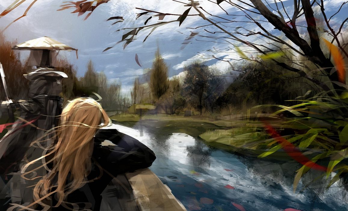 Drawing art girl long haired blonde river trees wind clouds