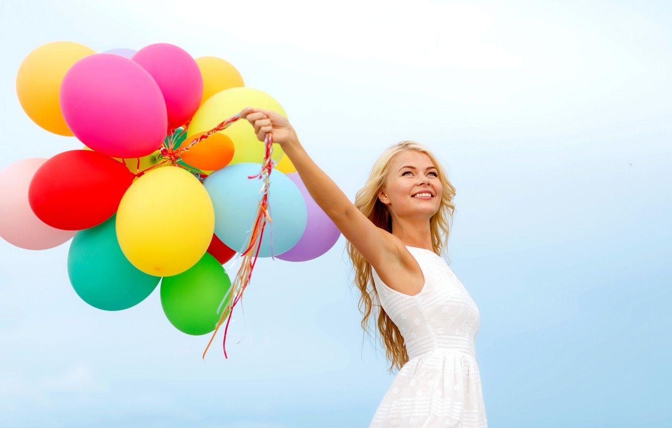 Wallpaper girl, balls, joy, happiness, balloons, colorful, happy
