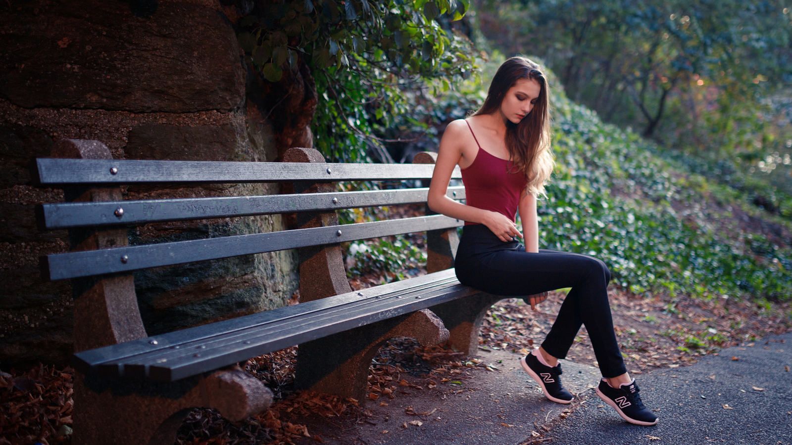 Girl Sitting On Bench Outdoors 1600x900 Resolution HD 4k