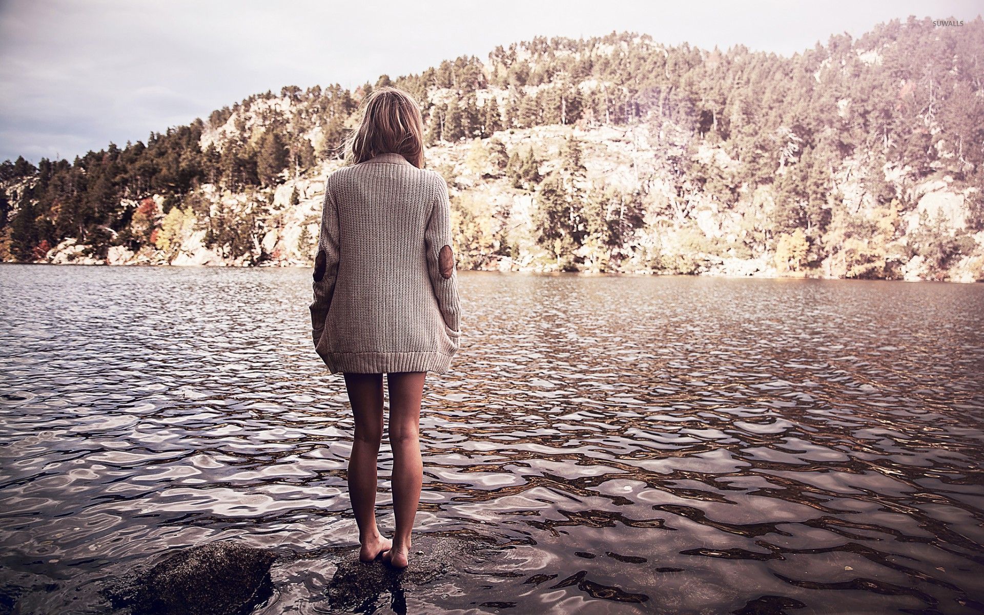 Girl standing on the rock in the river wallpaper wallpaper