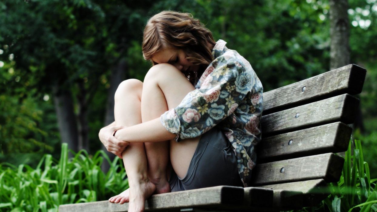 Girl women brunette sad bench wallpaperx1080
