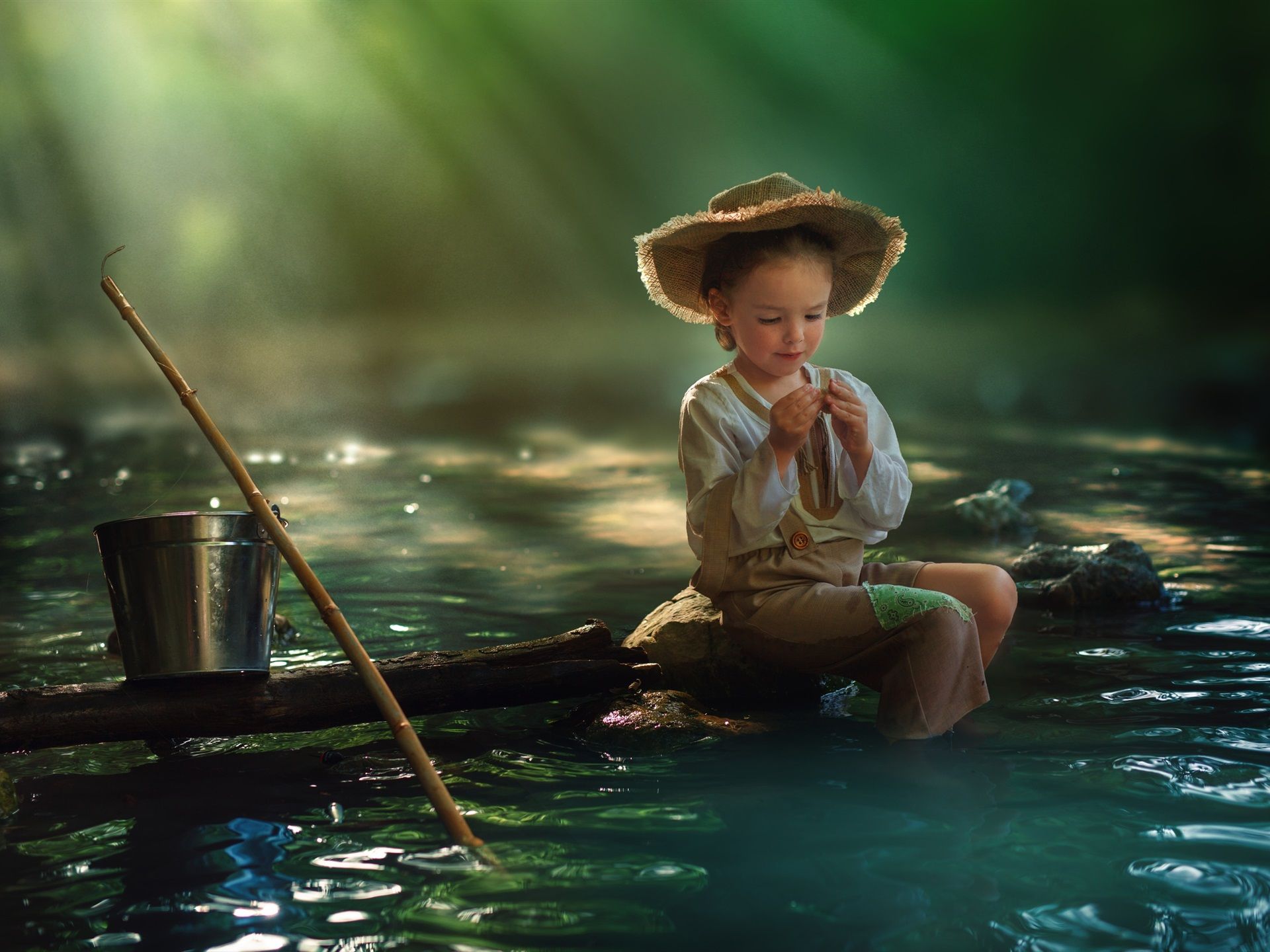 Wallpaper Child girl, fishing, river, water, bucket 1920x1440 HD