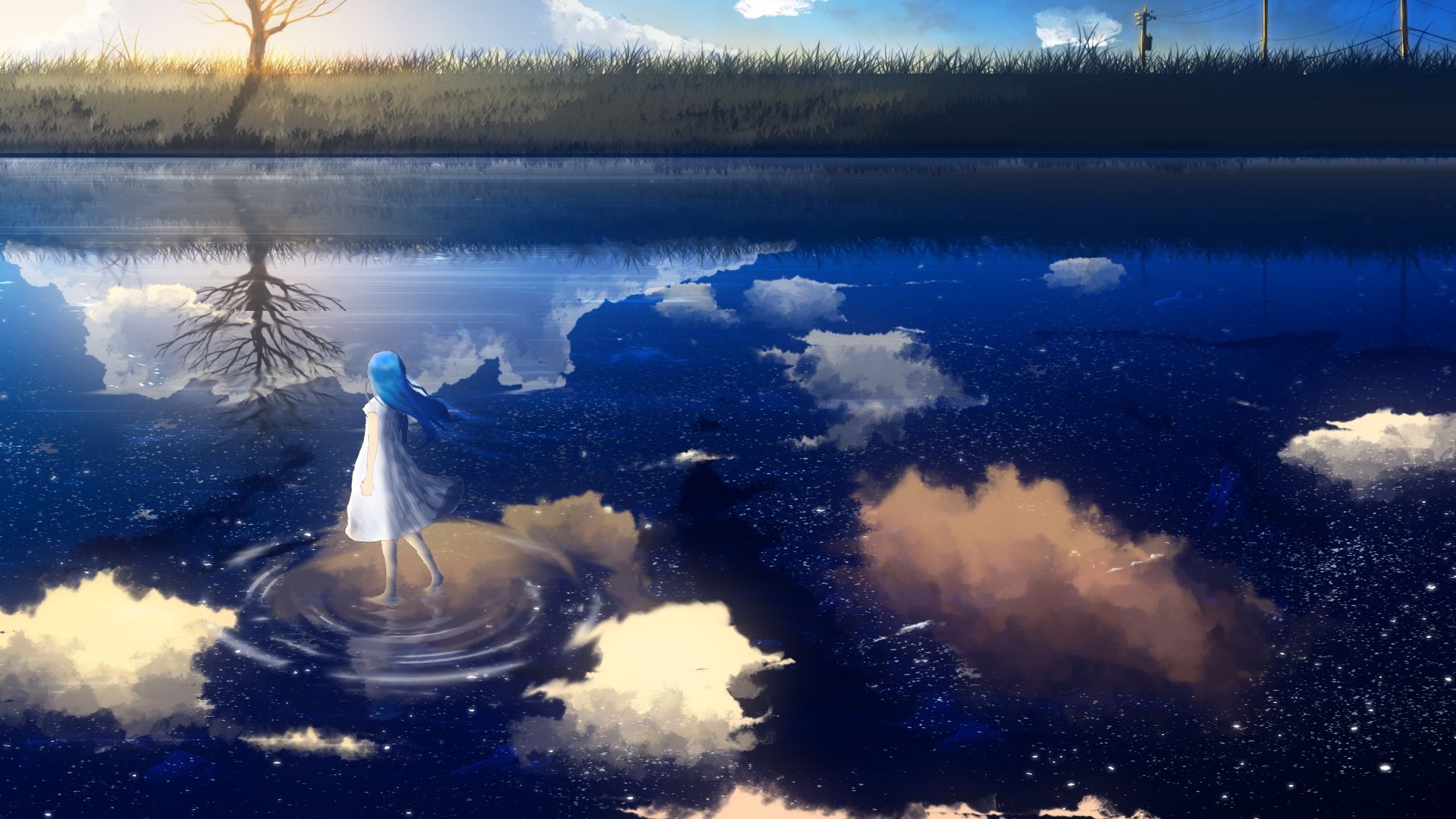 Download 1920x1080 Anime Girl, Walking On Water, Reflection, River
