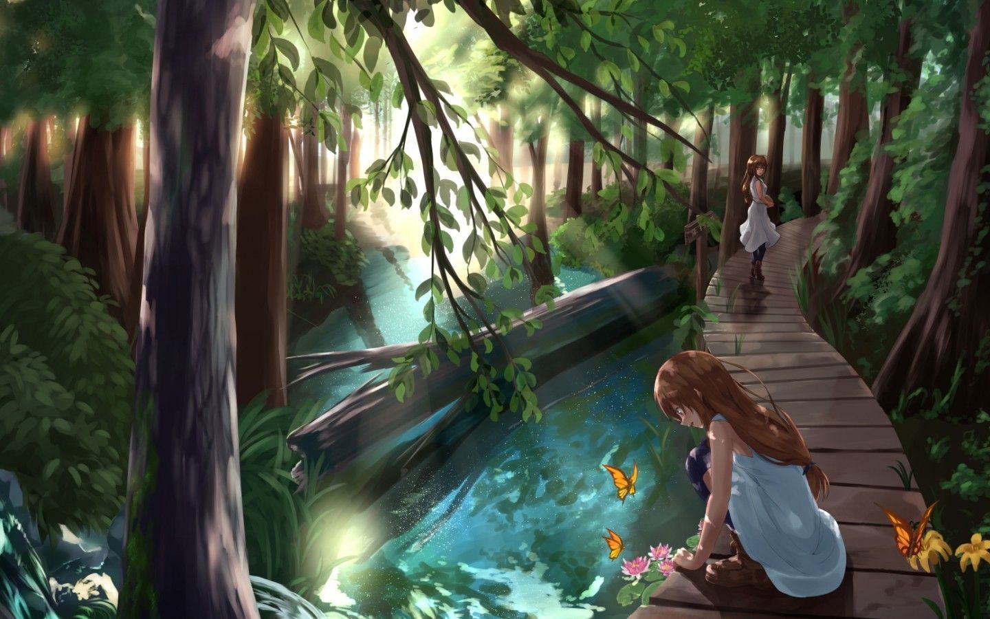 Download 1440x900 Anime Girls, Forest, River, Trees, Nature