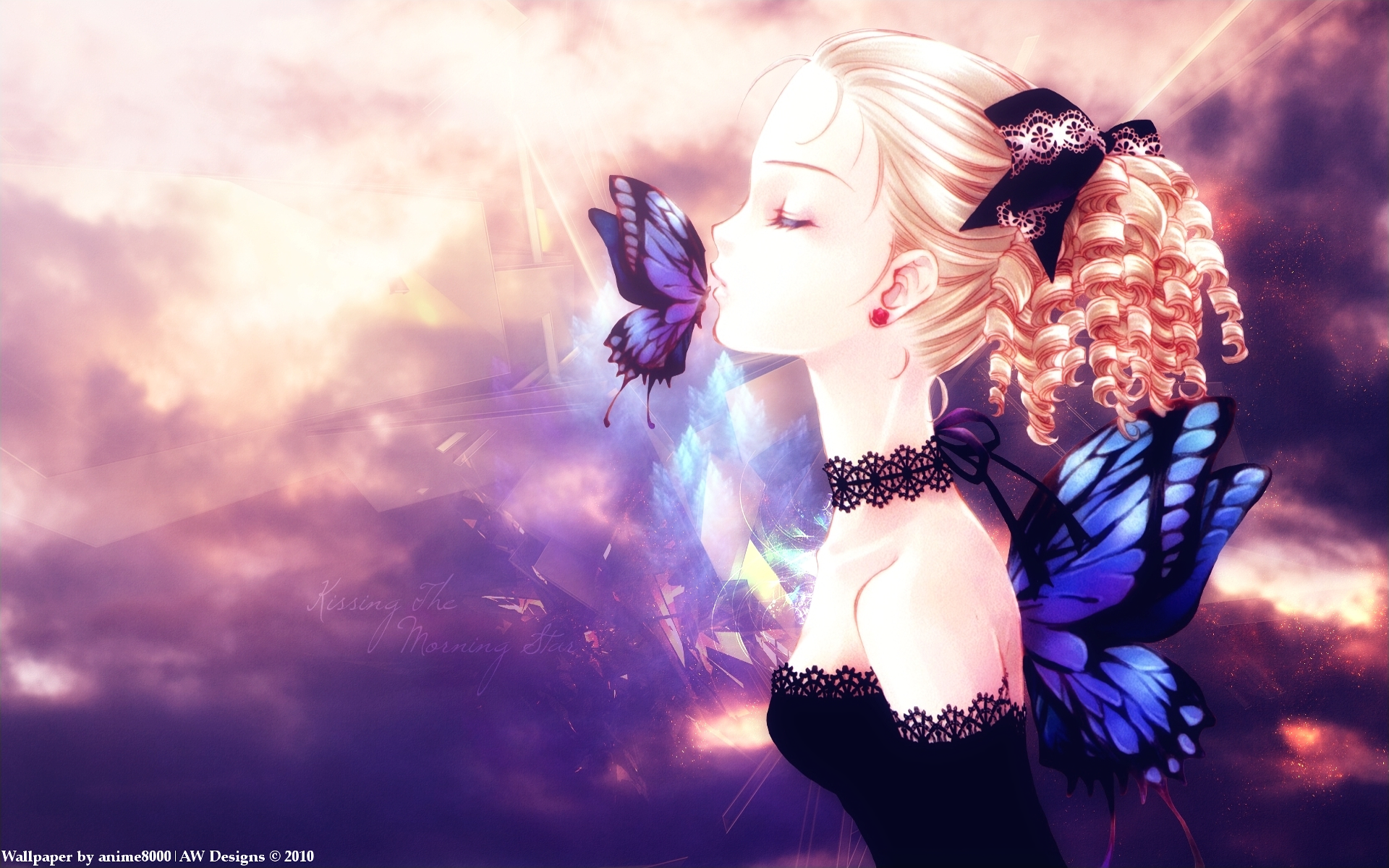 Anime Original Girl Fairy Butterfly Blonde Wings Kiss Wallpaper. Anime butterfly, Blue butterfly wings, Female anime