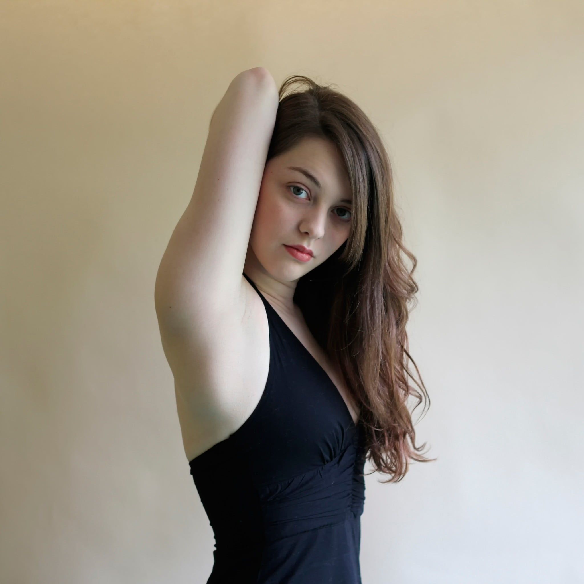 Women's black spaghetti strap top, Imogen Dyer, armpits HD