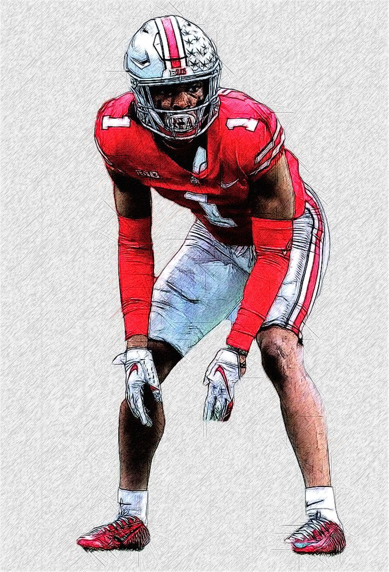 Ohio State DB Jeff Okudah. Football illustration, Ncaa college