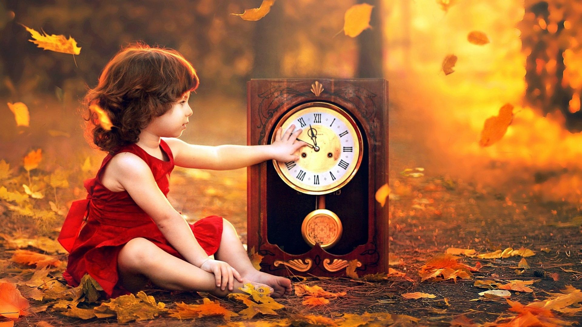 Girl Watch And Autumn Leaves Wallpaper