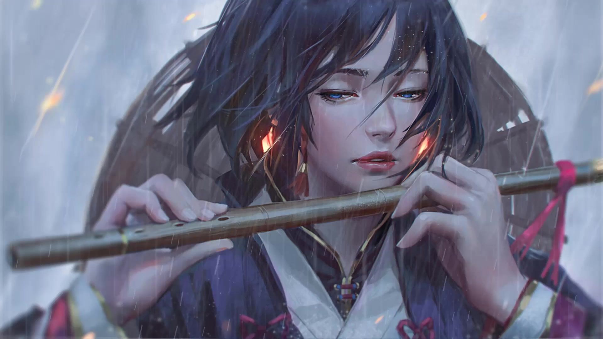 Girl With Flute In Rain Anime Live Wallpaper Free