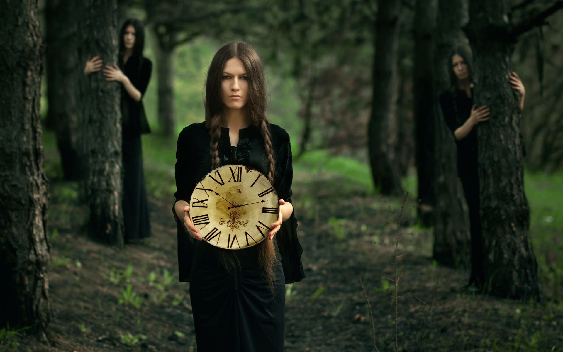 Wallpaper Black dress girl, forest, clock 1920x1200 HD Picture, Image