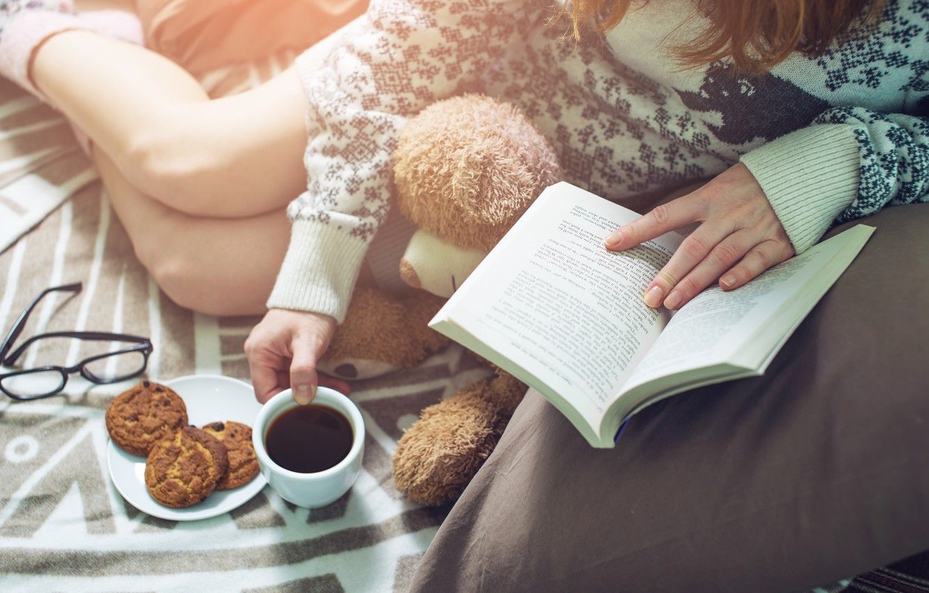 Photo Wallpaper Girl, Coffee, Cookies, Girl, Cup, Bed