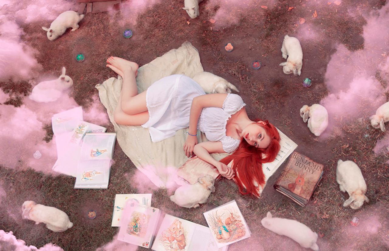image rabbit Redhead girl Girls books Animals