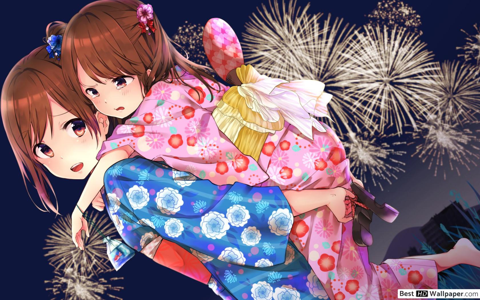 Anime girls scared of fireworks HD wallpaper download