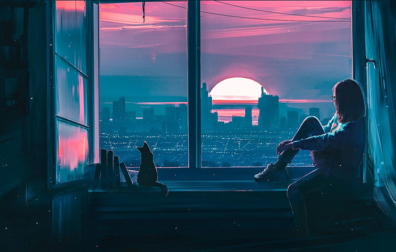 Wallpaper Sunset, Girl, The city, Cat, View, Cat, Window, Fantasy