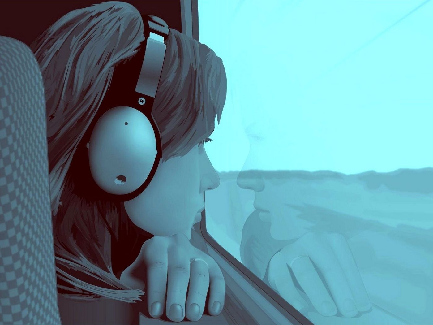 Download wallpaper 1400x1050 girl, window, guy, alone, headphones