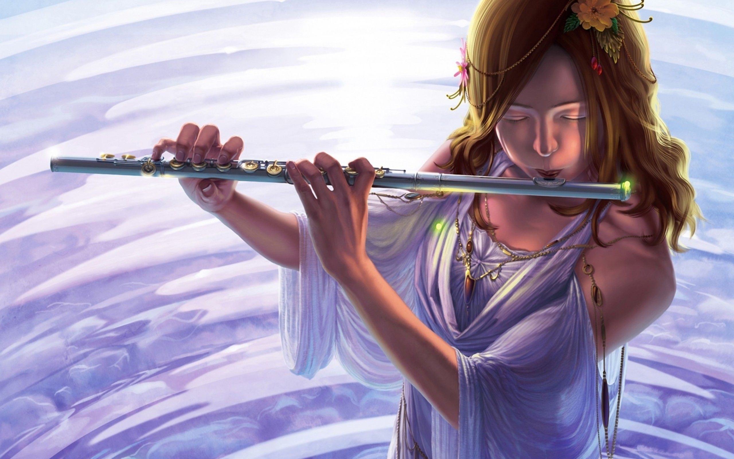 Download 2560x1600 Fantasy Girl, Flute, Instrument, White Dress