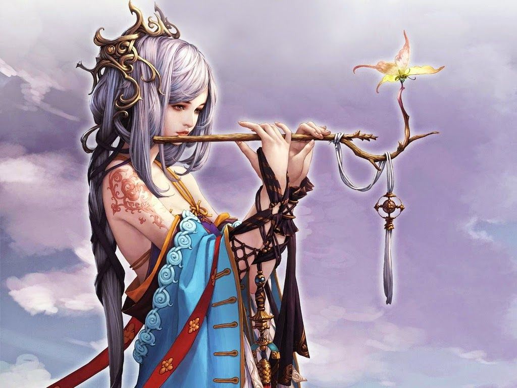 Dreamy Mythical Girl with Flute Wallpaper. free download wallpaper