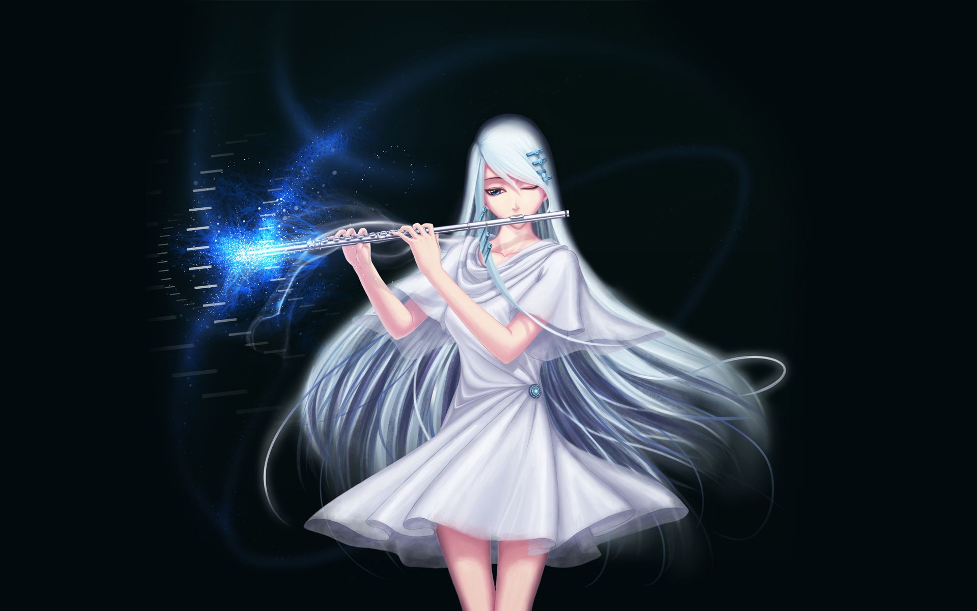 Original Art Darkmuleth girl Flute Magic Hair White Dress