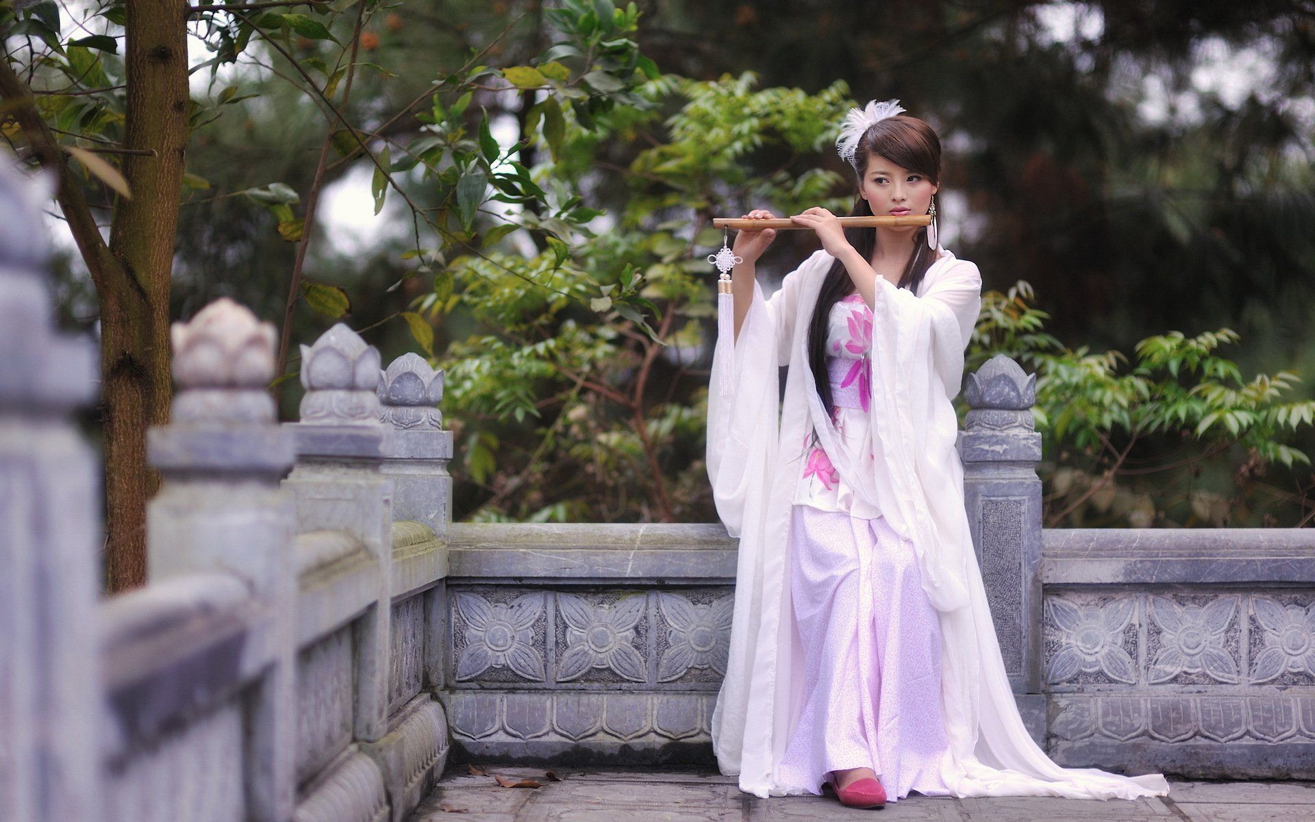 Oriental asian girl girls woman women female model flute wallpaper