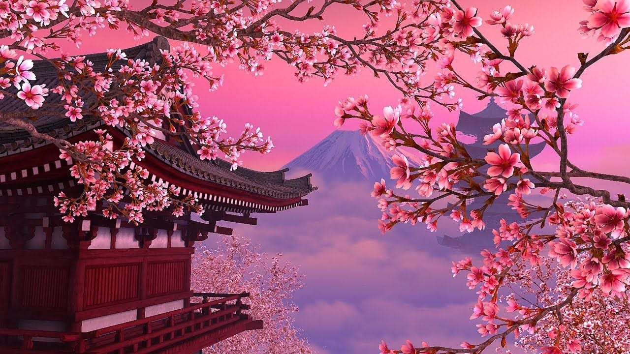 HD wallpaper Japan anime clouds street house Sakura blossom trees   Wallpaper Flare